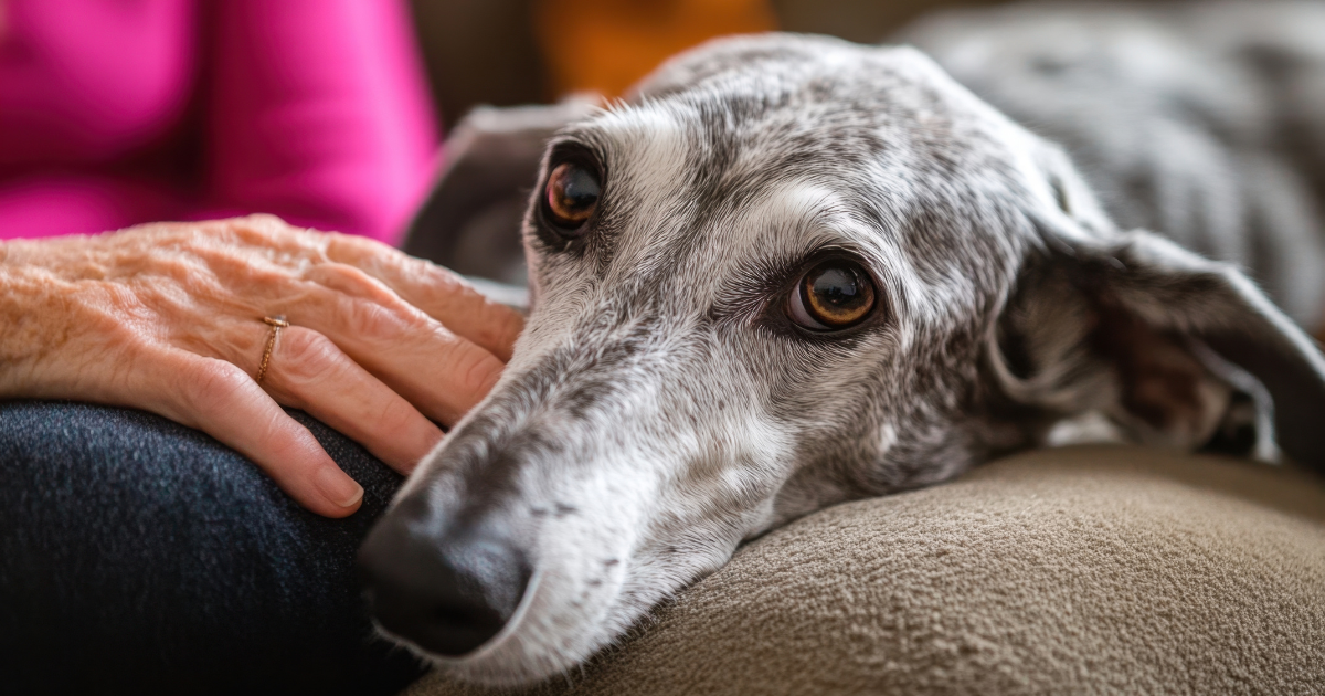 Worried dog cuddling owner in an article about keeping your dog safe during halloween by Sure4Pets in Barnsley